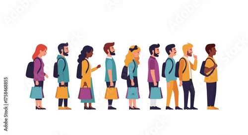 Vector  illustration showing a diverse group of people standing in a line holding shopping bags