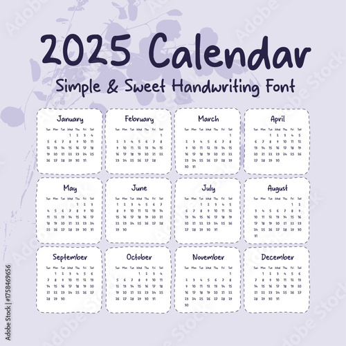 2025 Calendar: Simple & Sweet Handwriting Font