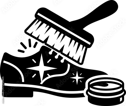 Shoe shining icon. Polish shoe care with brush and cream. Simple black and white symbol for cleaning service, laundry. Vector graphic design