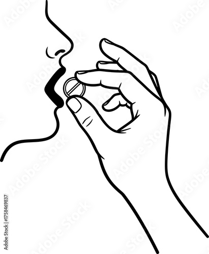 Woman hand putting a pill into mouth. Medication, health treatment, or drug addiction concept. Black and white line art vector illustration