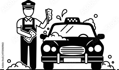 Man cleaning taxi car with soap sud and sponge. Manual car wash service. Flat vector illustration for cleaning automobile business concept