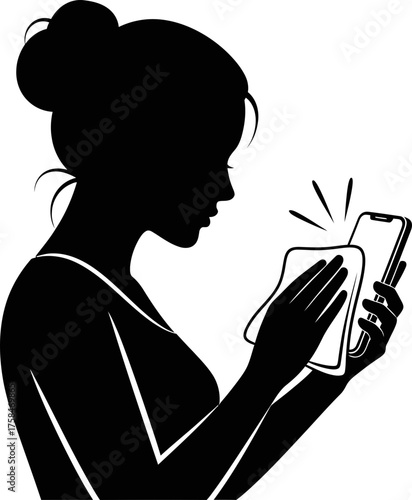Woman cleaning smartphone screen with wipe. Hygiene, antivirus and antibacterial protection concept for personal health and public safety. Vector illustration