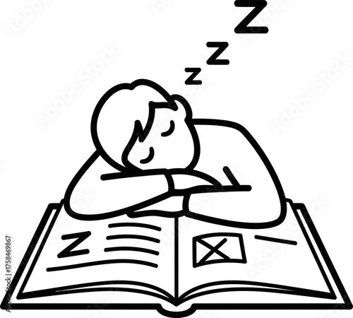 Student sleeping on open book with "Z" symbols, representing fatigue and exhaustion from studying. Simple line art concept for education. Vector icon, illustration