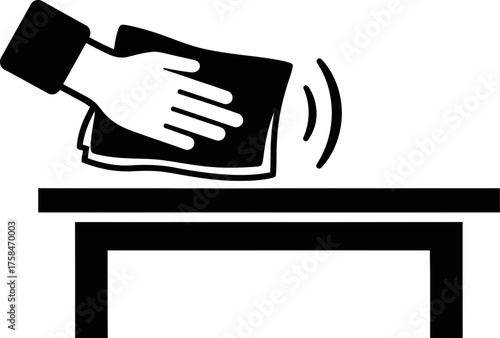 Hand cleaning a table surface with a cloth, showing motion waves. Housekeeping, hygiene, or sanitize concept. Simple black vector icon