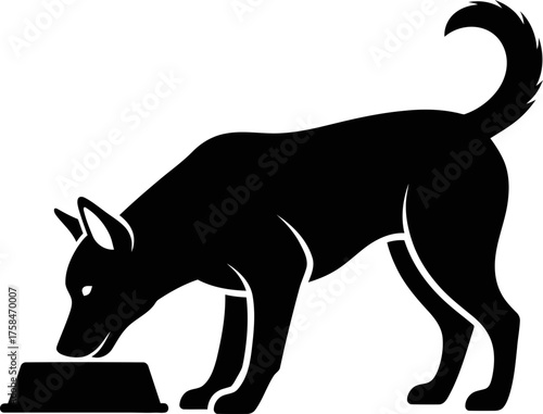 Black dog eating from bowl, pet hunger or meal time concept, simple animal domestic life graphic symbol. Vector illustration