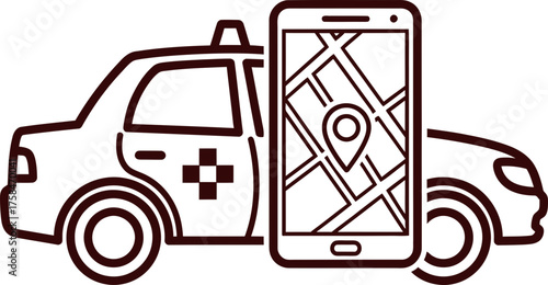 Outline taxi car icon with smartphone showing map and location pin. Online car booking, ride hailing, navigation app concept. Vector symbol