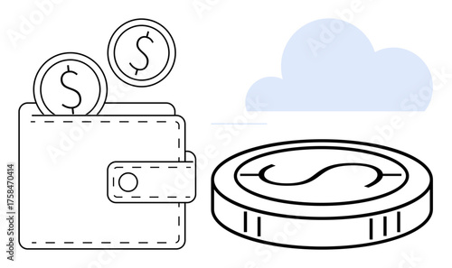 Wallet holding coins, large coin, and cloud element visualizing digital payments, online transactions, and savings. Ideal for finance, economy, e-wallet, cloud storage fintech investments simple