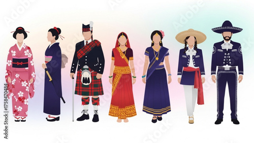 People wearing traditional clothing from different countries stand side by side against a colorful, soft gradient showcasing cultural diversity and unity.