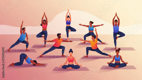 Diverse group practicing yoga poses on mats in a studio, promoting health and wellness through mindful movement and balance, creating a serene and peaceful atmosphere.
