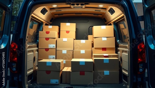 A courier's van packed with delivery boxes, ready for transport,  truck,  last mile delivery
