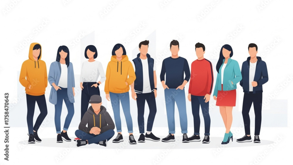 Obraz premium Diverse group of young adults standing and sitting together against a white backdrop, showcasing casual fashion and youthful energy in a modern style.
