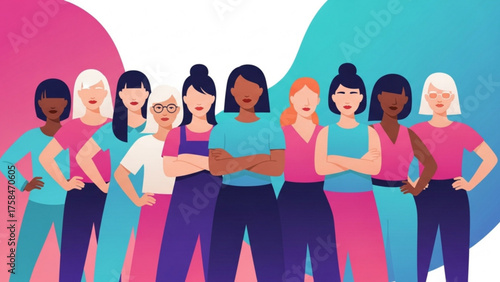 Diverse group of women standing together in solidarity against a colorful backdrop, showcasing female empowerment and unity.