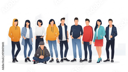 Diverse group of young adults standing and sitting together against a white backdrop, showcasing casual fashion and youthful energy in a modern style.