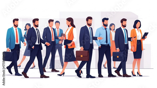 Diverse group of business professionals walking confidently in modern office building, showcasing teamwork and success in a dynamic corporate environment.