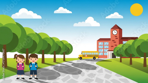 Children standing on road leading to school building with yellow bus under blue sky and fluffy clouds on a bright sunny day.