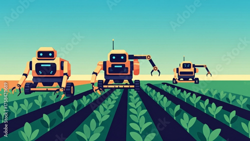 Robotic farmers cultivating crops in a field with precision agriculture technology, showcasing the future of farming and sustainable food production.