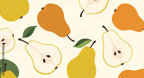 A collection of whole and sliced pears scattered on a cream background.