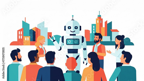 Robot addresses diverse group of people in front of colorful cityscape, symbolizing future technology and human interaction in a modern world.