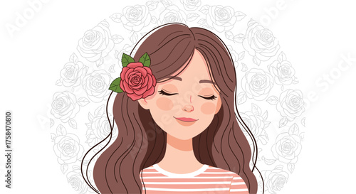 A beautiful young woman with long brown hair and a rose tucked behind her ear.