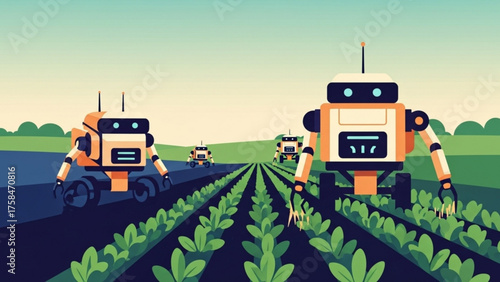 Robotic farmers cultivate crops in a vibrant green field, showcasing the future of agriculture and technological innovation with precision and efficiency.