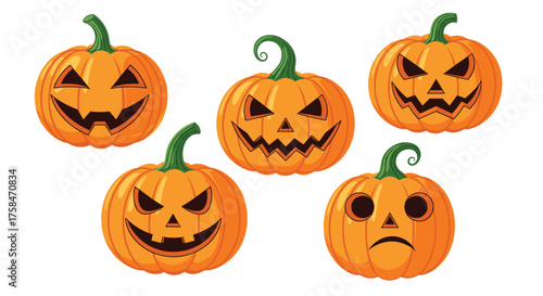 Five carved pumpkins with spooky faces for Halloween.