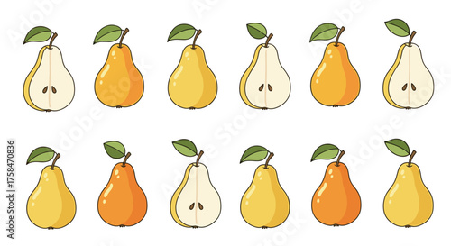 A collection of pears in various stages of ripeness and preparation for consumption.