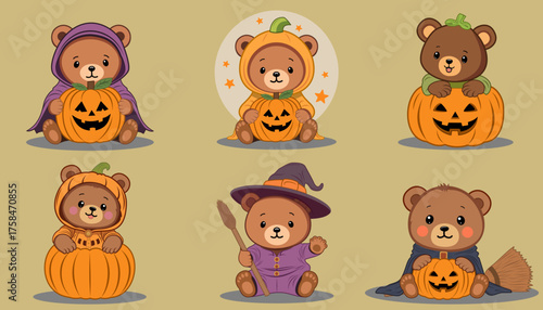 Adorable teddy bears dressed in Halloween costumes with pumpkins, perfect for festive decoration and design.