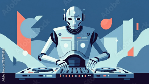 Robot dj mixing music on turntables in futuristic club with abstract shapes and cool color palette creating a modern and technological vibe.