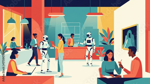Diverse group of people and robots interacting in a modern office space, showcasing collaboration and technological integration in a vibrant and dynamic environment.