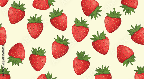 A vibrant background of fresh red strawberries scattered across a light yellow surface.
