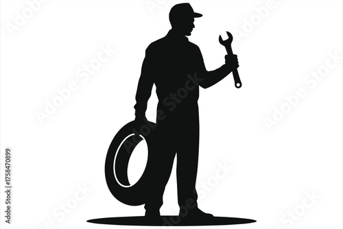 Silhouette of Auto Mechanic Holding Wrench and Car Tire Isolated on White Background – Black and White Vector Illustration of Vehicle Repair, Garage Work, Tire Change, and Automotive Service Concept