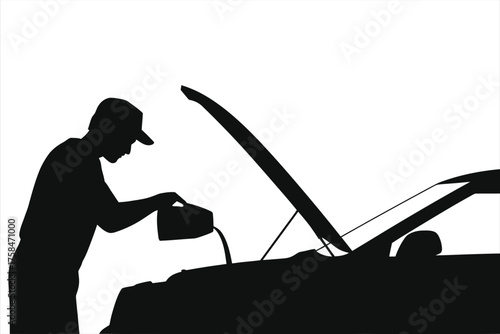 Silhouette of Mechanic Pouring Oil into Engine - Oil Change, Automotive Maintenance, Car Service, Vehicle Repair, Black & White Illustration, Professional Technician