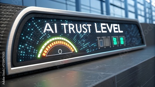 Futuristic digital meter displays ai trust level with gauge and indicators