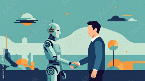 Robot and human shaking hands in futuristic city, symbolizing collaboration and technological advancement with a hopeful and optimistic tone.