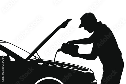 Silhouette of Male Auto Mechanic Pouring Engine Oil into Car During Routine Oil Change with Hood Open – Black and White Vector Illustration of Vehicle Service, Repair, Maintenance, and Lubrication