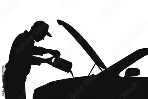 Silhouette of Auto Mechanic Performing Oil Change by Pouring Motor Oil into Car Engine with Hood Open - Maintenance Service, Vehicle Care and Engine Lubrication Concept in Black and White Illustration