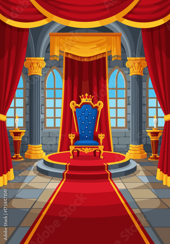 Vector cartoon illustration of a majestic royal throne room in a medieval castle with a blue throne and red carpet