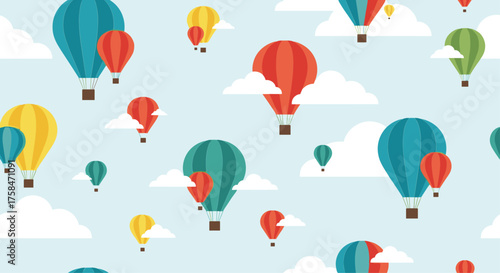 Colorful hot air balloons floating serenely in the sky with fluffy white clouds.