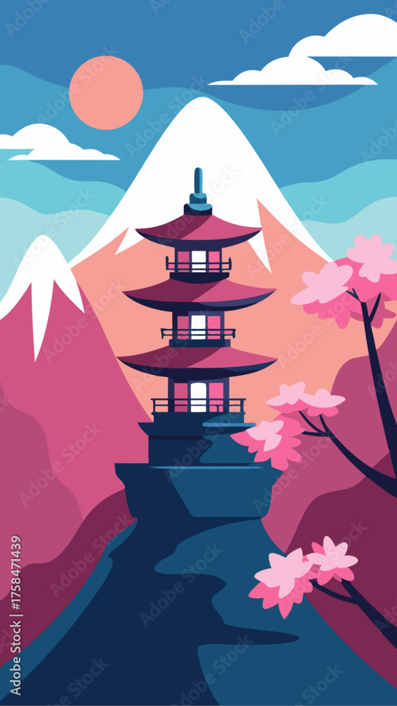 Fototapeta premium Pagoda with cherry blossoms and mountain background