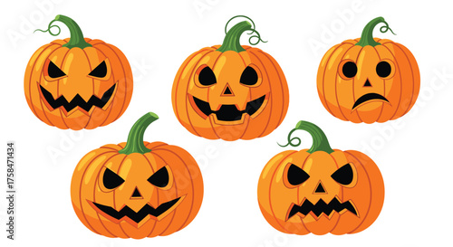 Five carved pumpkins with different spooky expressions.