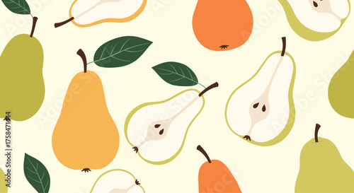 A vibrant and appetizing pattern featuring ripe pears in various stages of ripeness and preparation.