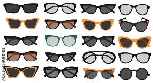 A collection of various sunglass styles and colors.
