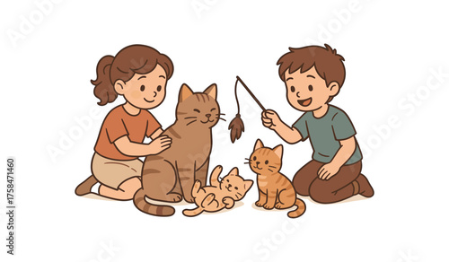 kids playing with cat family life flat vector illustration style isolated on white background