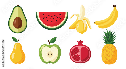 A collection of pixel art style healthy fruits including avocado watermelon banana and apple.