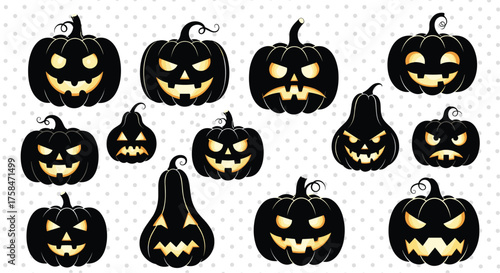 A collection of spooky carved jack-o-lanterns on a dotted background.