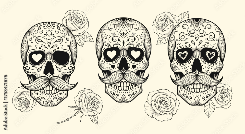 Obraz premium Day of the dead skulls with ornate patterns and roses.
