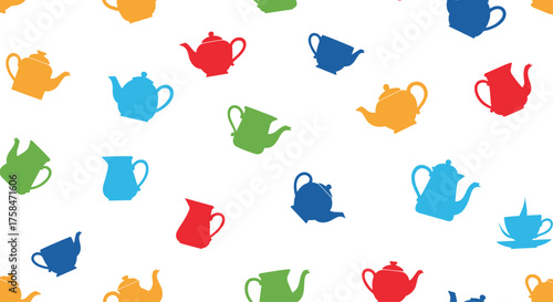 A vibrant pattern of colorful teapots and cups scattered across a white background.