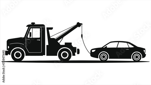 Tow Truck Crane Towing Broken Car Silhouette Vector Art: Roadside Assistance Vehicle Recovery Graphic | Black & White Auto Rescue, Disabled Car Tow Minimalist Illustration for Design, Auto Service, 