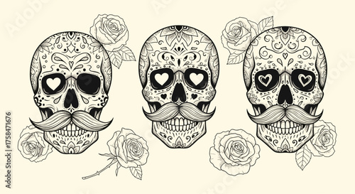 Day of the dead skulls with ornate patterns and roses.