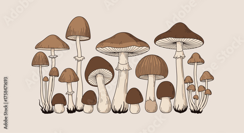 A variety of brown mushrooms growing together in a group.